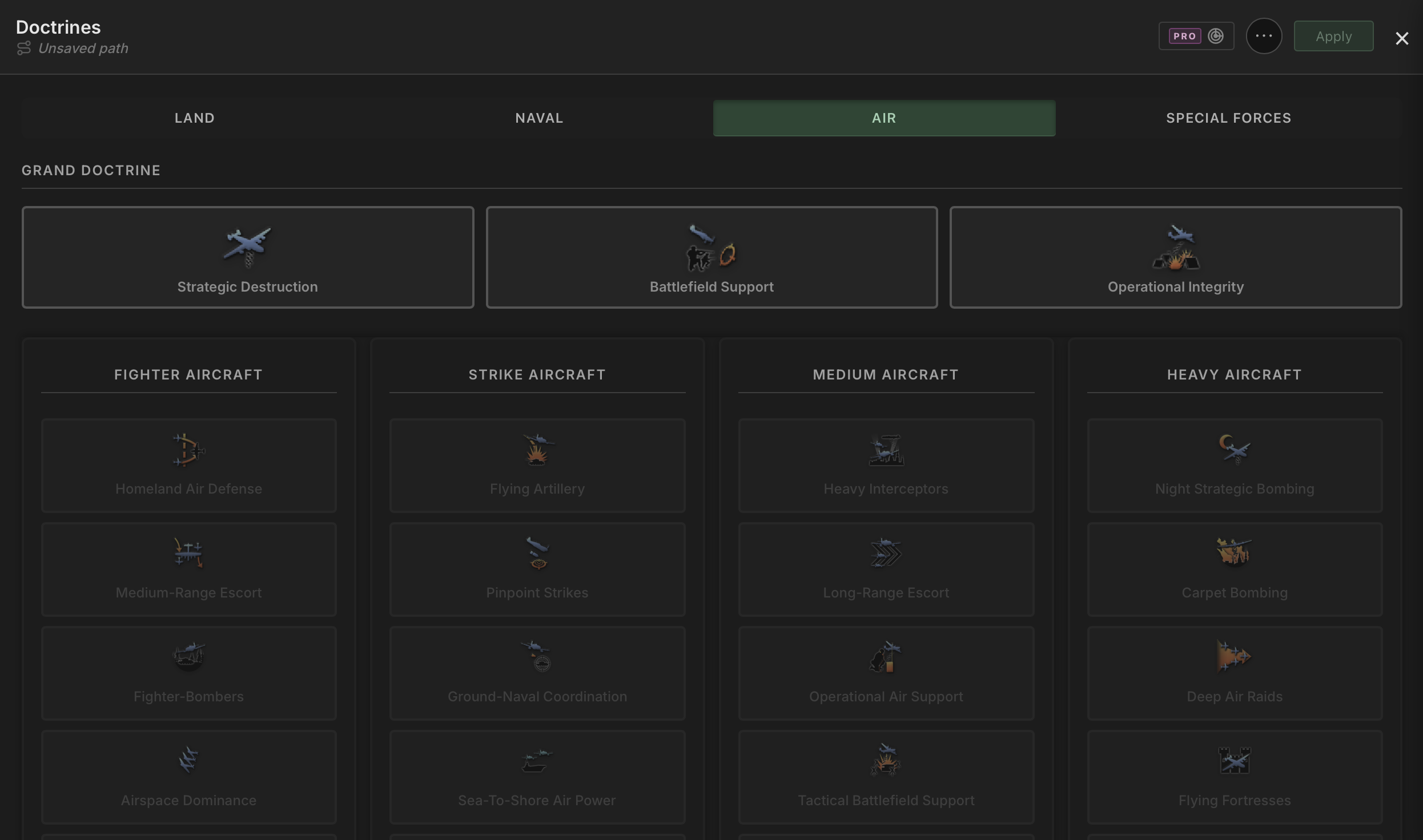Air doctrine tree with real-time stat updates on the aircraft designer
