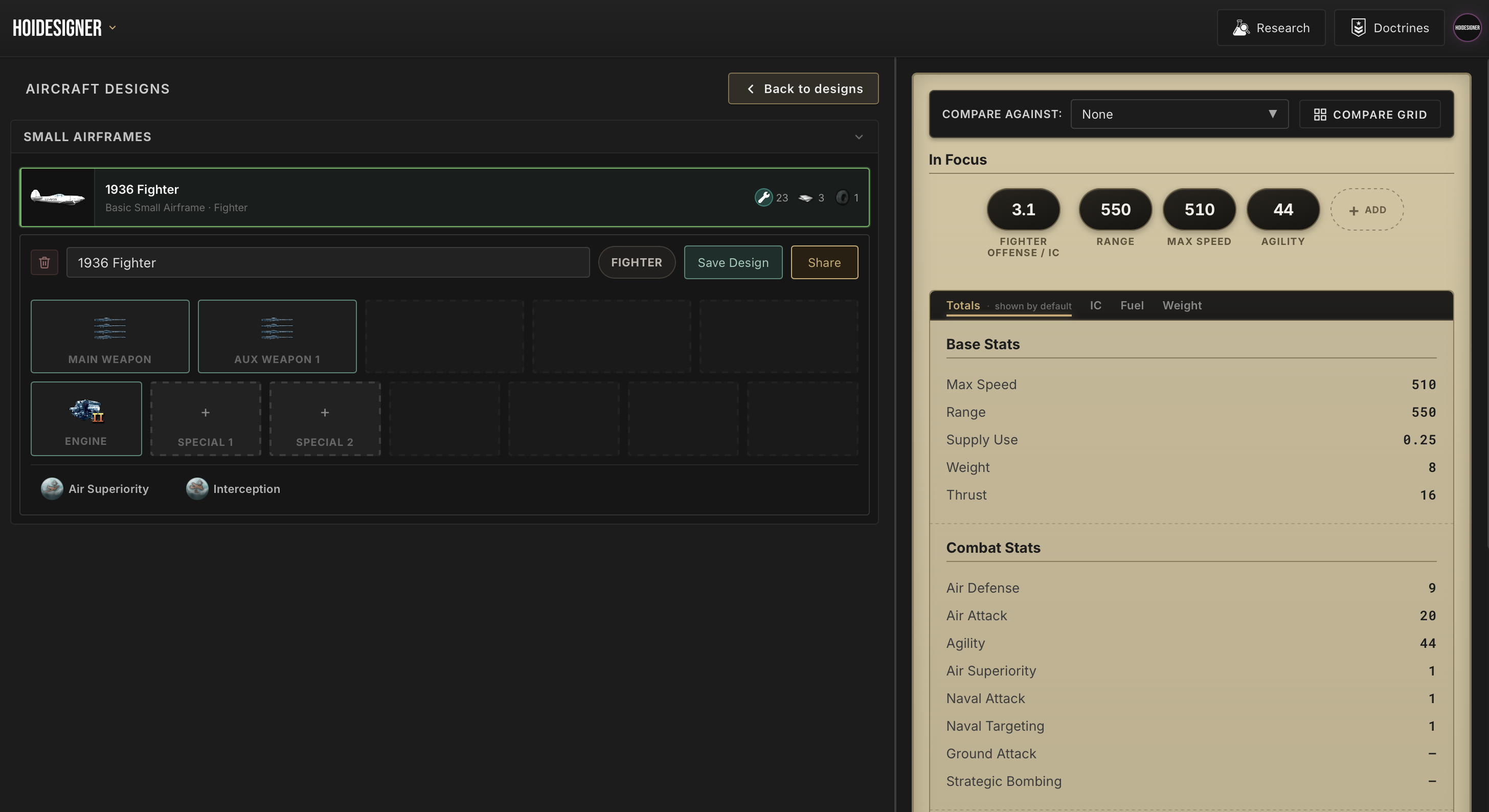 Aircraft Designer: configuring an airframe and seeing air stats update in real time