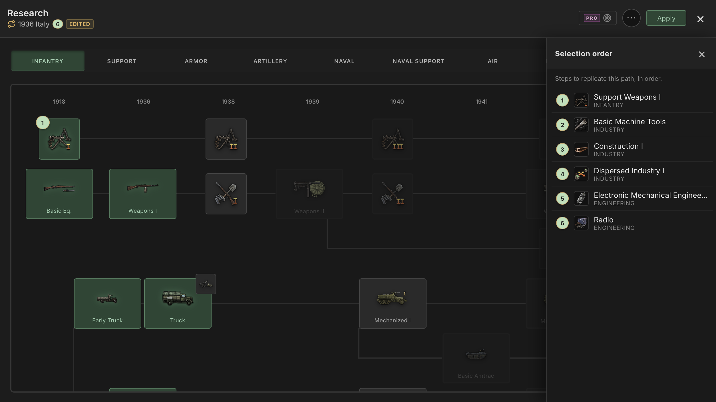 The new selection order panel showing a research and doctrine path as a numbered progression